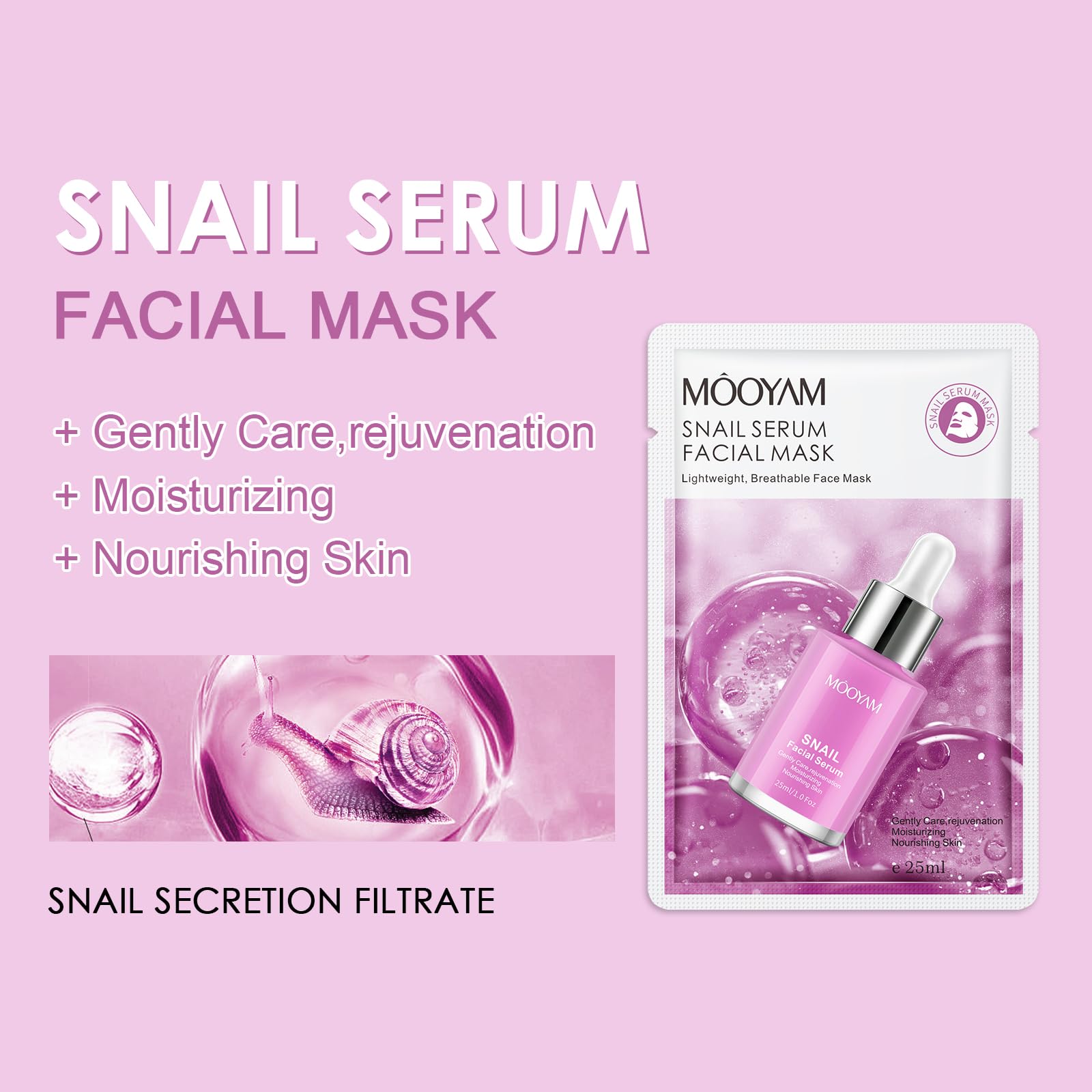 GUOYAOLIFU Face Masks Skincare, 6 Pack Snail Serum Sheet Masks - Hydrating & Smoothing, Moisturizing & Nourishing for All Skin Types
